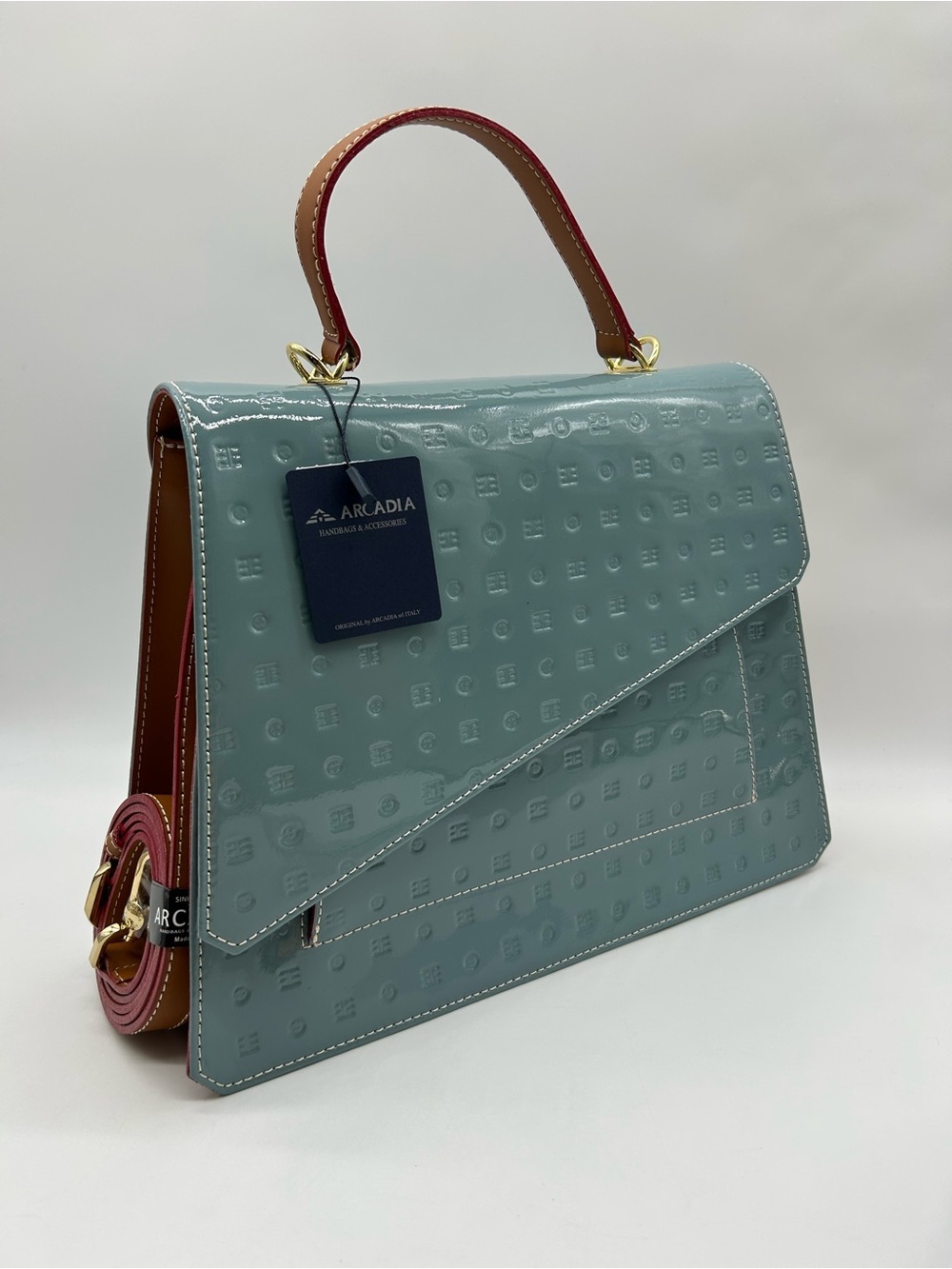 Arcadia Patent Leather Crossbody Bag Blue Tan Made in Italy New With Tag - Picture 4 of 15